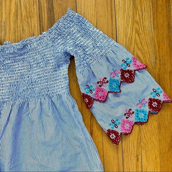 LOFT Blue & Pink Striped Off Shoulder Top Bell Sleeves - Picture 3 of 7